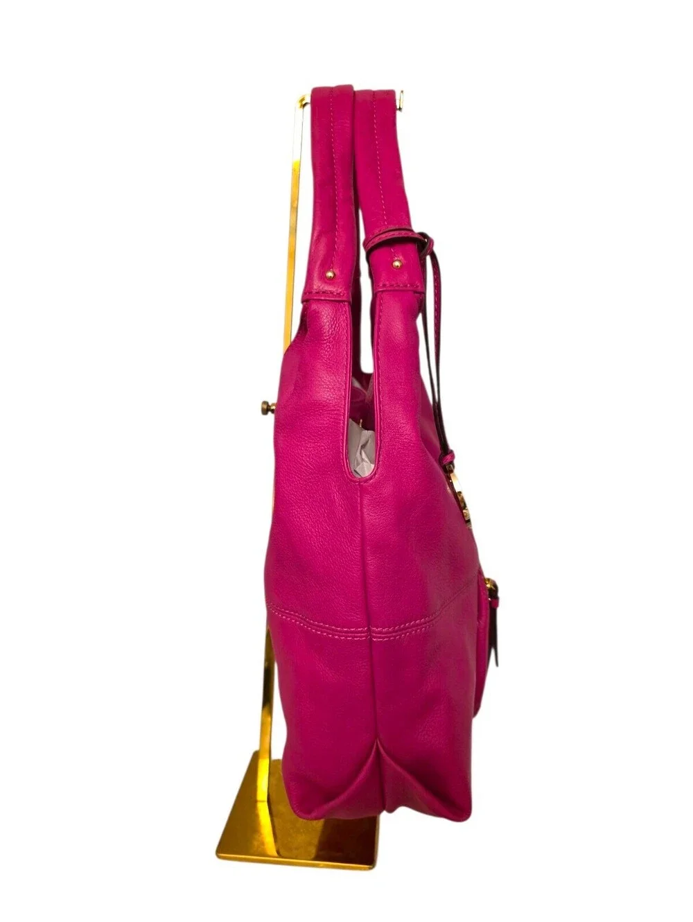 Michael Kors Hot Pink Fuchsia Leather Hobo Shoulder Bag Gold Hardware Large